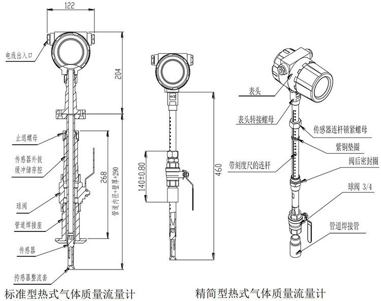 压缩空气热式气体质量流量计插入式结构尺寸图