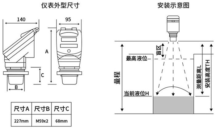 分体式超声波液位计外形尺寸图